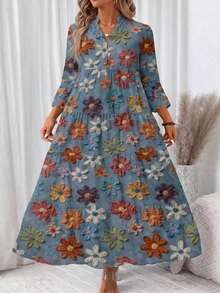 EMERY ROSE Plus Size Casual Elegant Floral Print Dress With Crayon Texture, Suitable For Vacation - Multicolor - View 5