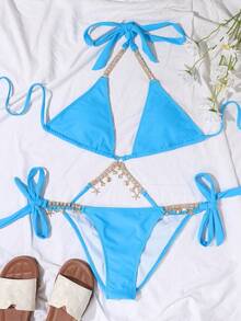 SHEIN Swim Summer Beach Chain Linked Halter Triangle Tie Side Bikini Set - Mint Blue - View 3