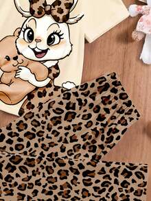 Tween Girls 2pcs White Summer Cute Home Wear Sleep Set,Leopard Bow Animal Rabbit & Bear Print Short Sleeve T-Shirt & Shorts,Comfy Casual Girly Style - Multicolor - View 6