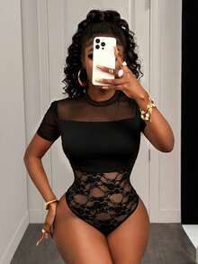 BamGleam 2026春夏性感极简网纱撞色蕾丝圆领连体衣（女款） - 黑色 - 查看 5