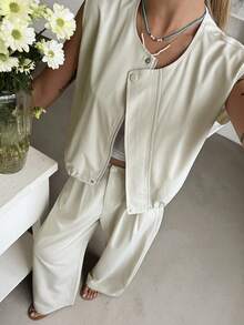 Women's Sleeveless Loose Fit Top And Casual Pants 2 Pieces Set - Khaki - View 6