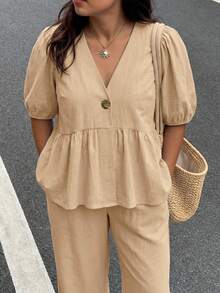 Enliva Plus-Size Women's Ruffled Puff Sleeve Two Pieces Set, V-Neck Cardigan Top And Stretch Waist Trousers Set - Khaki - View 6