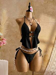 Bellisia Women's Summer Beach Holiday Vacation Solid Color Ruched Halter Tie Tankini Top And Triangle Bottoms Swimwear Set Holiday Black Tropical - Black - View 4