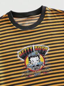 ROMWE MEN Betty Boop | ROMWE Áo thun nam tay ngắn cổ tròn kẻ sọc kiểu retro Betty, viền tương phản - Nhiều màu - Xem 3