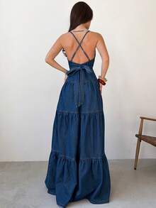 Firerie Bộ jumpsuit denim hai dây hở lưng gợi cảm dành cho nữ, thích hợp cho mùa hè. - Màu xanh lam - Xem 7
