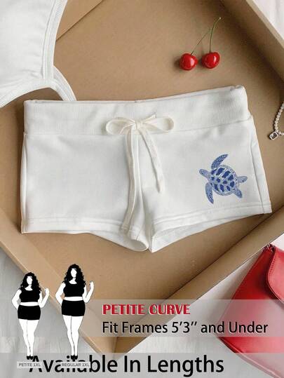 SHEIN PETITE CURVE 大码女式休闲简约蓝白海龟印花白色抽绳腰修身短裤 - 舒适的沙滩装和度假装，可爱的波西米亚热带岛屿度假装，适合约会、音乐节和春假