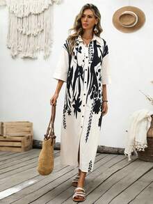 Breezaya Women's Elegant Sexy Casual Vacation Style Turndown Collar Dropped Shoulder Loose Long Floral Print White Shirt Dress Golf Summer - Apricot - View 6