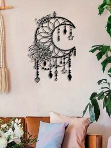 Elegant Gothic Crescent Moon & Floral Metal Wall Art - Intricate Design With Beads & Stars | Perfect For Home, Office, Cafe Decor | Easy-To-Hang Craft Ornament For Living Room, Bedroom, Patio, Kitchen, Garden | Ideal Housewarming Or Birthday Gift - Black - View 6