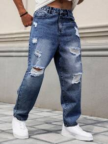 Manfinity Homme Men's Distressed Pocket Zipper Casual Loose Washed Denim Jeans - Dark Wash - View 4