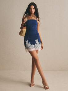 Poéselle Đầm denim hai dây phối ren đa năng dành cho nữ. - Rửa tối - Xem 7