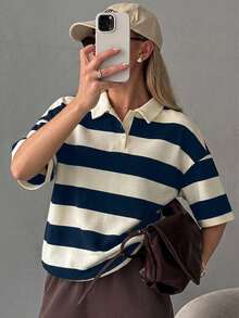 Ladies' Black & White Striped Loose Polo Neck Short Sleeve T-Shirt, Casual Summer Wear Oversized T-Shirt - Navy Blue - View 6