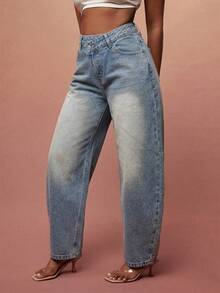 Quần jeans ống loe cạp lệch màu xanh nhạt - Rửa nhẹ - Xem 4