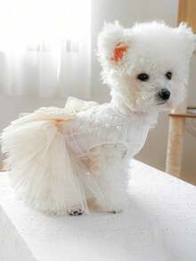 1pc Pet Dress, Small/Medium Dog & Cat Clothes, Princess Tulle Wedding Dress-Style Costume - Beige - View 7