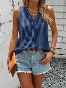 EMERY ROSE Tank Top Wanita Ukuran Besar Kasual Bergaris Biru dengan Leher V, Cocok untuk Musim Panas, Kantor, dan Bisnis. - Navy Blue - View 6