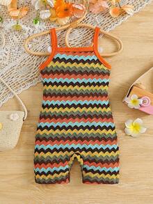 SHEIN Vintaside Kids 1件女婴彩虹条纹针织花卉3D网纱连体衣，舒适柔软休闲百搭，适合假日日常穿着，亮丽可爱的粉紫色夏季新品 - 彩色 - 查看 3