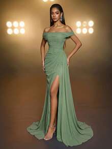 Glamrae Minimalist Distressed Khaki Ruched Off-Shoulder Semi-Sheer Fishtail Slit Formal Evening Gown - Green - View 5