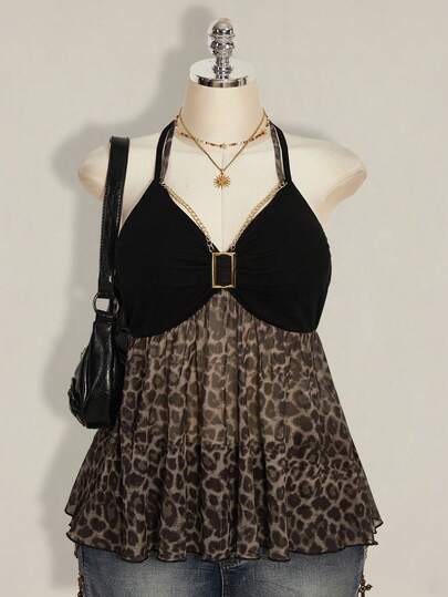 SHEIN ICON Plus Size Retro Y2K V-Neck Mesh Leopard Print Contrast Color Babydoll Top