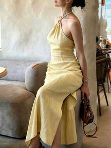 Cévolie 女士纯色性感无袖开衩连衣裙 - 鵝黃色 - 查看 6