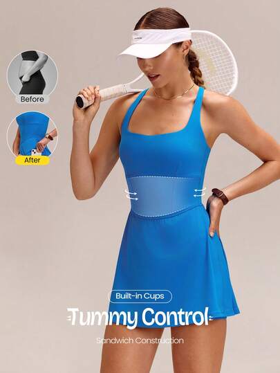 GLOWMODE Quick-Dry Sweat-Wicking Built-In Cups Square-Neck Dress With Built-In Shorts Side Pockets Non-Slip Grips Tennis Golf Gym Daily Casual