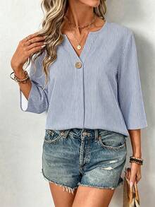 EMERY ROSE Plus Size Women's Casual V-Neck Striped Shirt - Multicolor - View 4