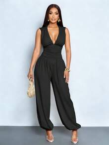 Women's Elegant Deep V-Neck Sleeveless Ruched Waist Lantern Loose Jumpsuit - Black - View 8