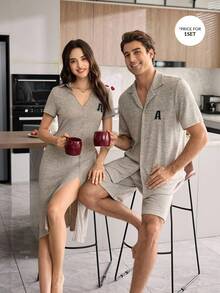 CoupledUp 男士翻领纽扣短袖短裤睡衣套装，带刺绣花卉图案 - 杏色 - 查看 3