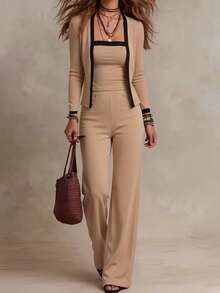 LUMIGAL Conjunto de 3 piezas de moda casual y elegante para mujer, compuesto por un cárdigan con ribete de contraste, una camiseta y pantalones rectos, ideal para la primavera/otoño - Multicolor - Ver 1