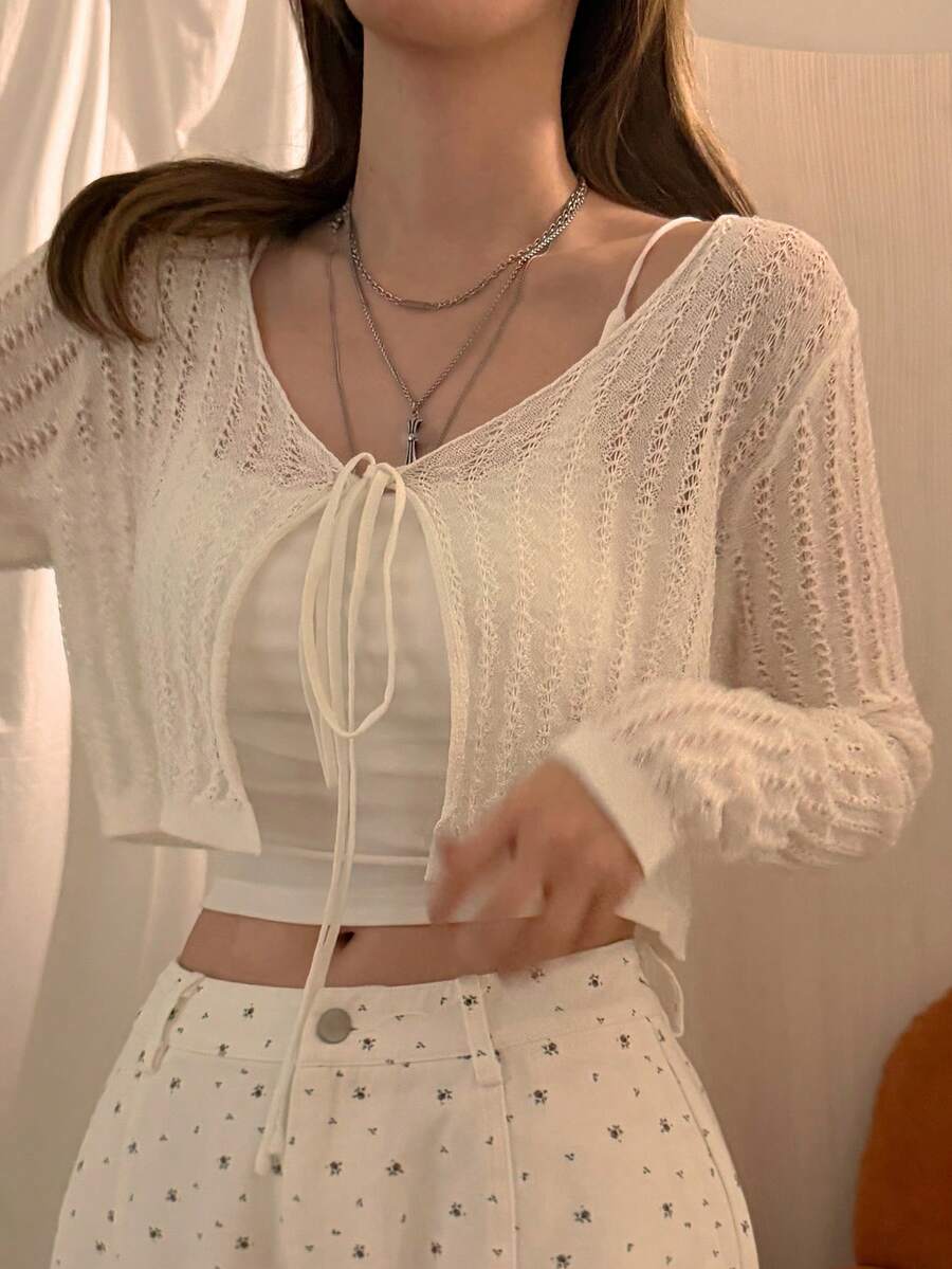 DAZY 女士纯色扭结薄纱休闲长袖开衫 - 白色 - 查看 1