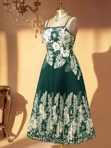 Rometta Women's Spring/Summer French Elegant Vacation Floral Waist Flared Pleated Long Dress, Suitable For Vacation, Dates And Other Occasions - Dark Green - View 3