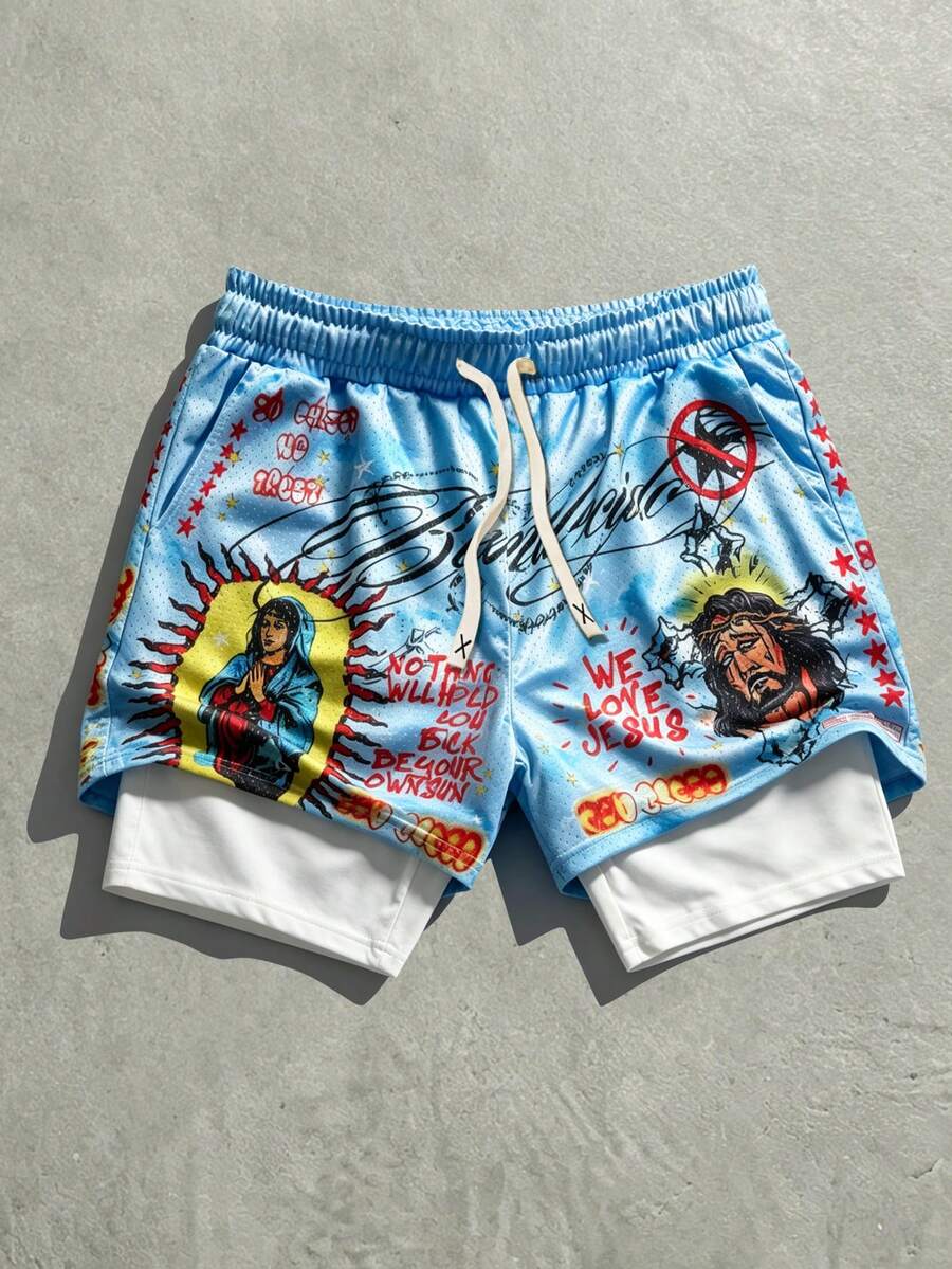 ROMWE MEN Street Life Quần short nam in hình rồng Trung Quốc kỷ niệm World Cup 2026, quần thể thao thời trang cho nam, thích hợp cho mùa xuân/hè. - Nhiều màu - Xem 1