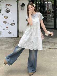 FRIFUL Women's Contrast Lace Bow Decor Casual Camisole - White - View 3