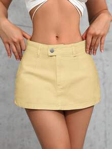 Tall Ultra-Short Denim Mini Skirt, Fashionable For Summer - Yellow - View 4