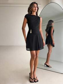 Aloruh Women's Casual Black Metal Buckle Mini Dress - Black - View 4