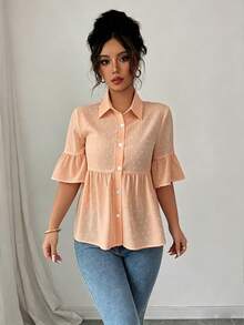 Elenzga Women's Solid Color Minimalist Short Sleeve Shirt, Casual Everyday Wear - Orange - View 3