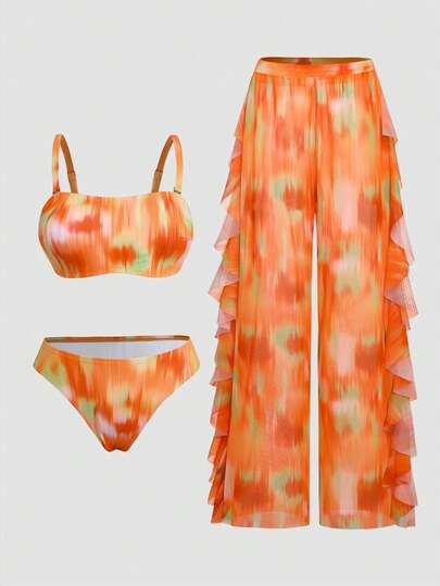 Slaydiva Bộ đồ bơi 3 mảnh dành cho nữ cỡ lớn, gồm áo yếm và quần tam giác nhuộm màu tie-dye, kèm quần lưới che phủ.