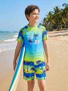 SHEIN 男童椰子树印花沙滩泳衣套装 - 彩色 - 查看 3