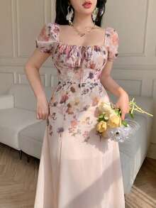 Celisse Floral Print Chest Tie Front Slit Dress For Women, Vacation - Apricot - View 4