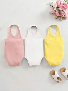SHEIN 3pcs/Set Cute Solid Color Knit Camisole Romper For Baby Girls, Summer - Multicolor - View 2