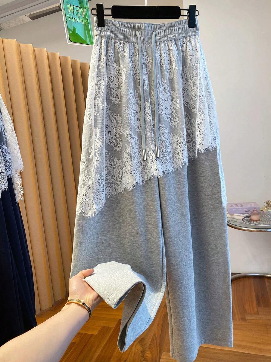 Franclia Lace Decor Fashionable Minimalist Girlisim Loose Straight-Leg Pants, Gift For Friends Golf Pastal Autumn - Grey - View 1