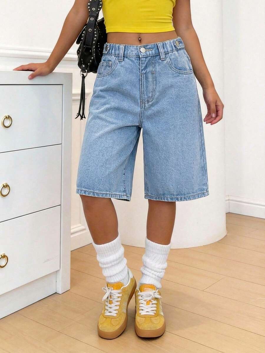 SHEIN 少女牛仔裤,夏季新品,宽松版型,浅色水洗牛仔布,舒适棉质面料,适合休闲、上学、工作和聚会等场合。 - 淺色水洗藍 - 查看 1