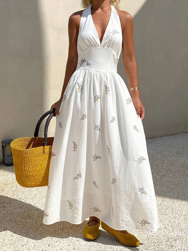 Casual Vacation Style Embroidered Long Dress For Women, Spring & Summer