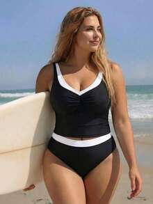 Swim SPRTY Plus Size Women Contrast Color Casual Versatile Vacation Tank Top And Triangle Tankini Set - Black and White - View 4
