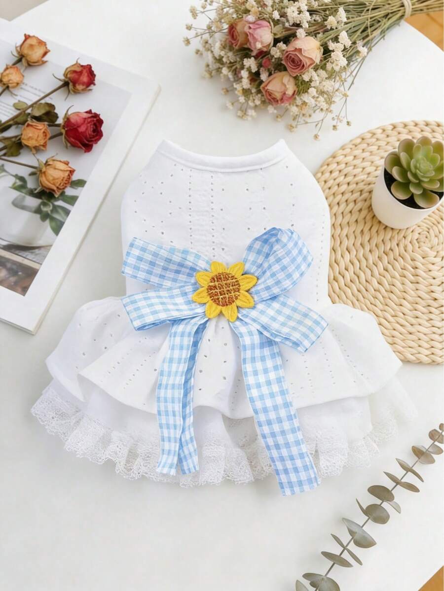 PETSIN 1 bộ quần áo đa năng cho mèo và chó, váy cho thú cưng kẻ caro hoa hướng dương có nơ, váy ren rỗng màu trắng dễ thương cho chó nhỏ. - trắng - Xem 1