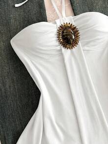 Camiseta de tirantes finos con estampado floral vintage, parches con cuentas y efecto desgastado, top bohemio de verano para mujer en color marrón - Blanco - Ver 11