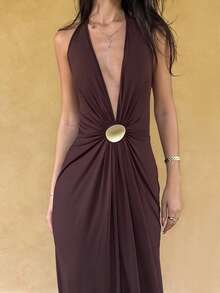 AmyJordy Rochie de damă cu imprimeu halter și spate, culoare uni, tricotată - Maro - Vizualizare 3