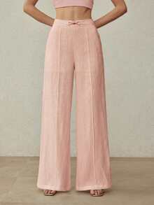 MOTF PREMIUM Pantalones de pierna ancha 100% de lino con hebilla metálica como decoración de la cintura, elegantes para el transporte, estilo vintage - Rosa - Ver 2