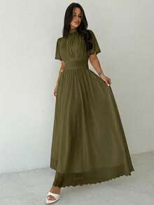 Firerie 女士优雅浪漫日常通勤海滩度假立领褶皱高腰A字喇叭袖白色连衣裙 - 軍綠色 - 查看 3