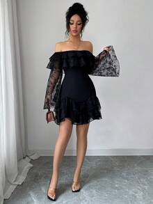 Elenzga Plus Size Women's Elegant Black Summer Tea Party Patchwork Chiffon Off-Shoulder Ruffle Hem Stretchy Long Flare Sleeve Mini Dress - Black - View 7