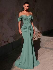 Glamrae Elegant Luxurious Elastic Knit Off Shoulder Strapless Dress With Rhinestone,Handcrafted Beaded Mermaid Hem Formal Gown For Autumn/Winter For Women - Green - View 6