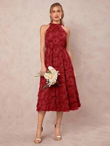 Amorya Đầm chữ A cổ yếm bằng vải jacquard dệt họa tiết thanh lịch dành cho nữ, thích hợp cho mùa xuân/hè. - Đỏ - Xem 6